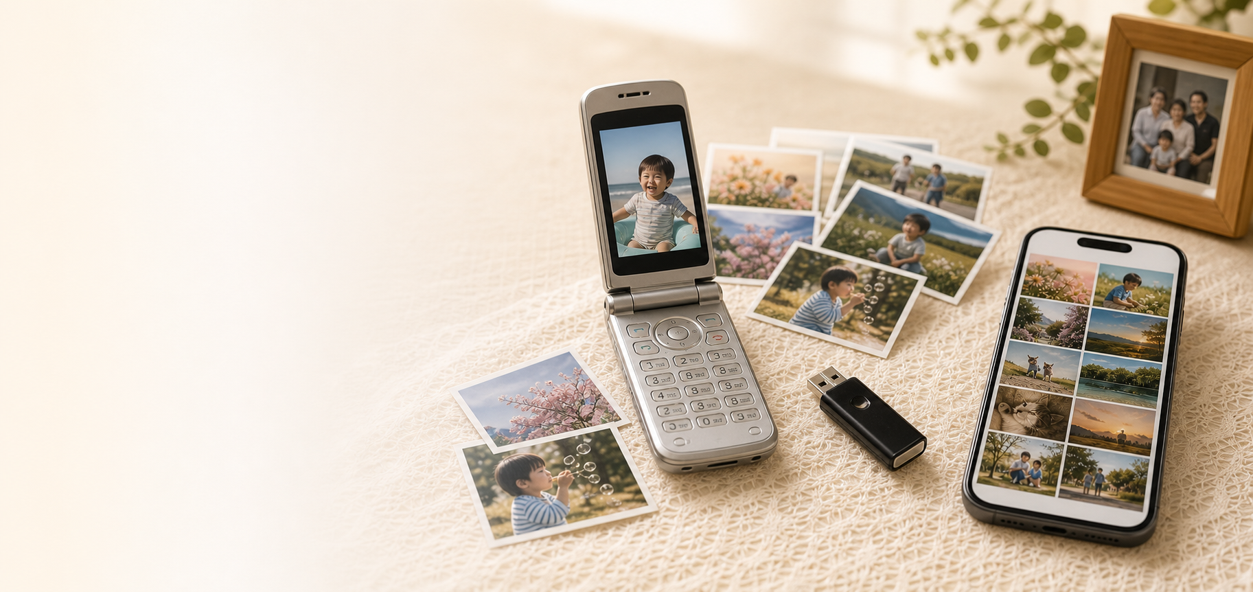 古いガラケー、写真、USBメモリ、スマートフォンのアルバム画面